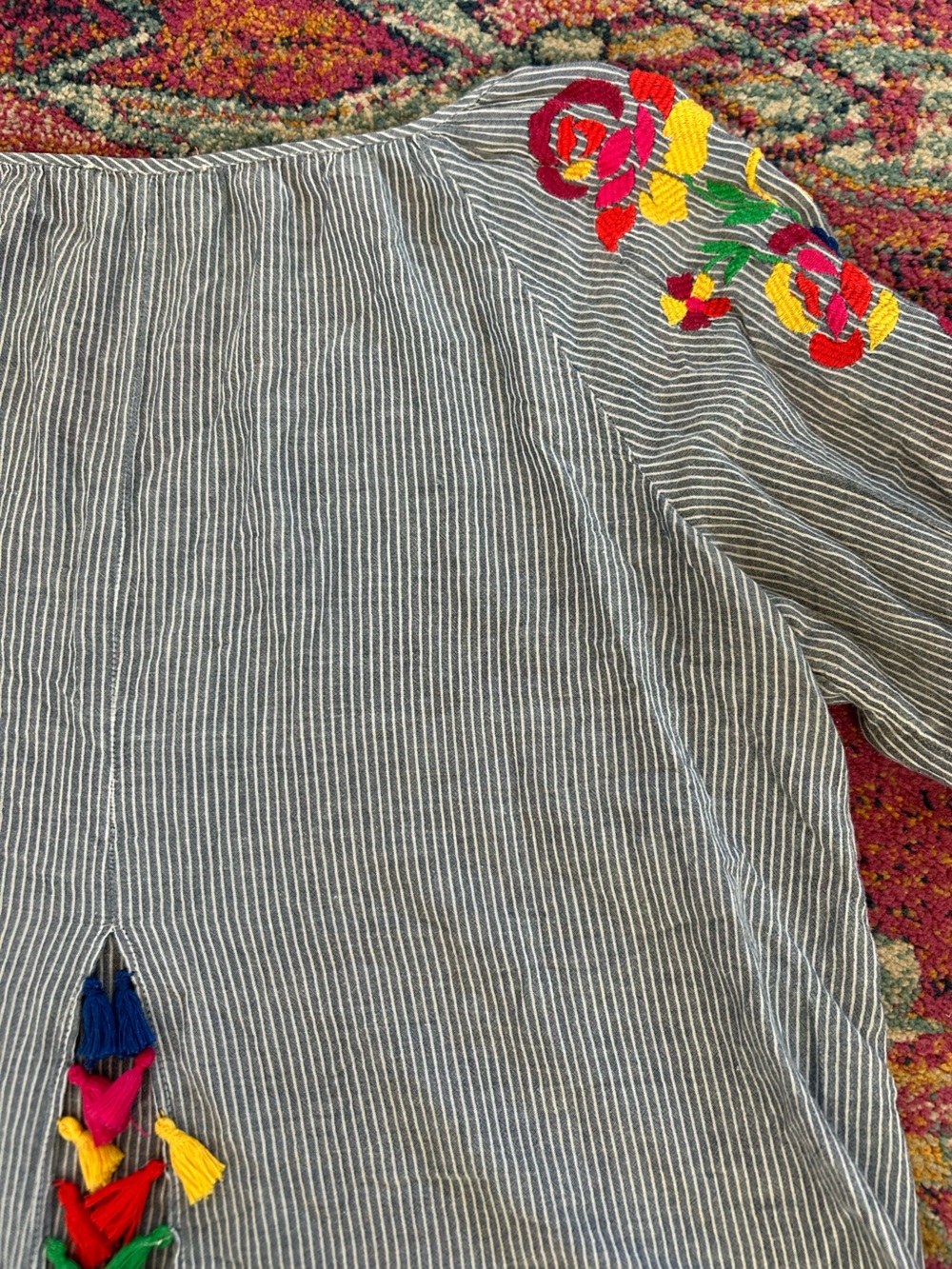 Anthropologie Floreat | Womens Blue/White Striped VNeck Embroidered Sleeve Top L - Picture 12 of 16